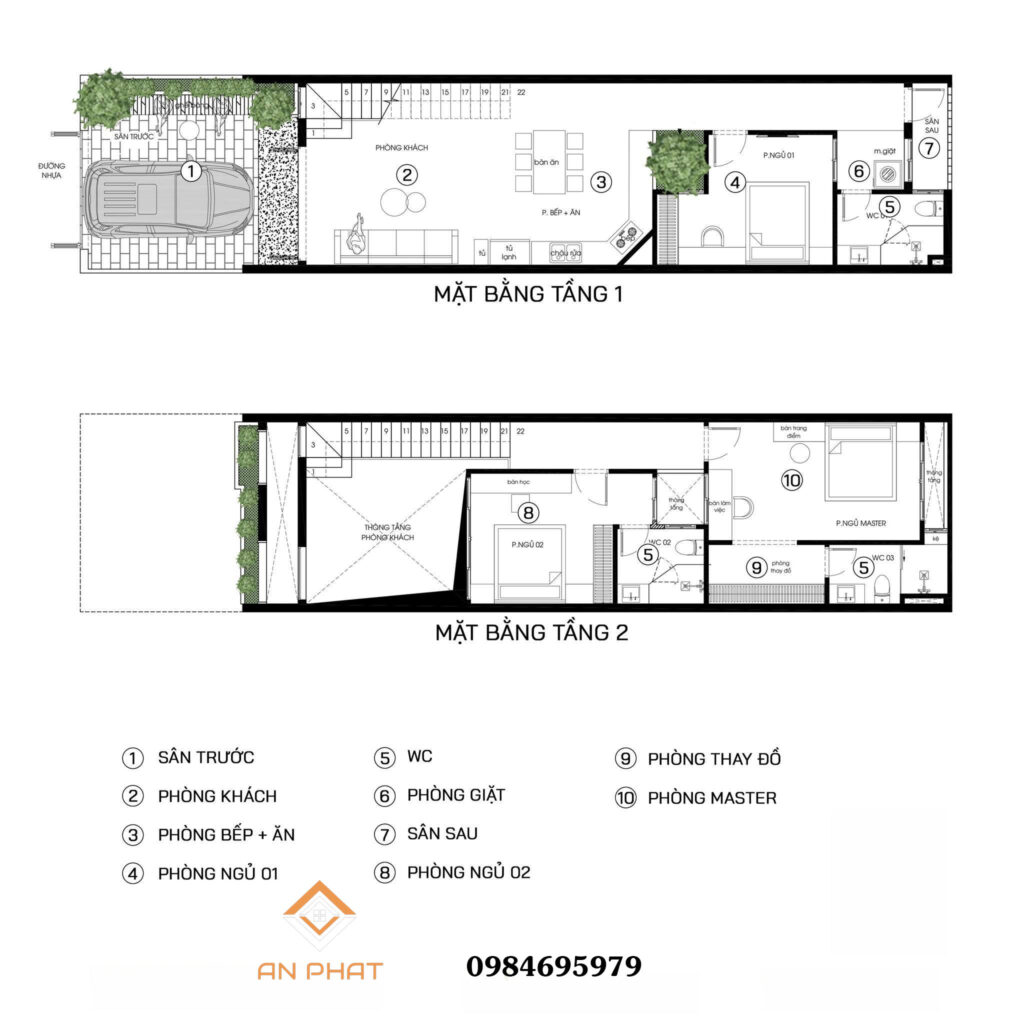 mặt bằng bố trí công năng nhà phố 2 tầng